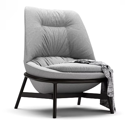 Gray Leisure Chair with High Back Pleated Plush Cushion Dark Wooden Legs and Patterned Blanket 3d model