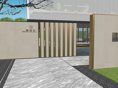 Modern Garden Landscape With Metal Grille Gate Stone Wall And Marble Paving 3d model