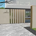 Modern Garden Landscape With Metal Grille Gate Stone Wall And Marble Paving