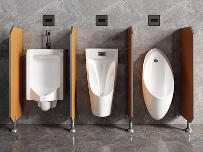 Different Styles Modern Urinals Installed on Gray Wall With Wooden Partitions 3d model