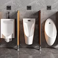 Different Styles Modern Urinals Installed on Gray Wall With Wooden Partitions