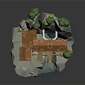 Low Poly Watermill Building With Orange Roof On Rock Surrounded By Trees