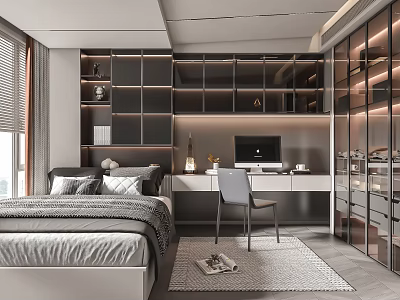 Modern Tatami Bedroom Interior Design With Bookshelves Desk Chair And Wardrobe 3d model