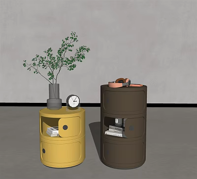 Modern Yellow And Brown Bedside Tables With Green Plant Clock Hat And Storage Drawers 3d model