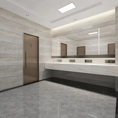 Modern Public Restroom Interior With Marble Walls Long Vanity And Large Mirrors 3d model
