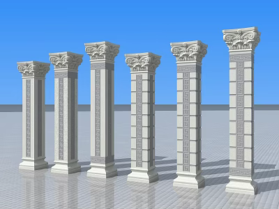 Classical Roman Columns With Intricate Carvings On Stone In Row Against Blue Sky 3d model