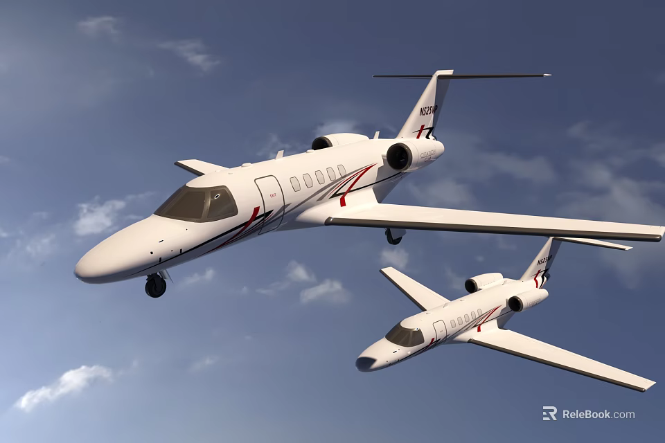 Two White Passenger Planes Flying In Cloudy Blue Sky Together 3d model 