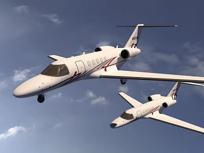 Two White Passenger Planes Flying In Cloudy Blue Sky Together 3d model