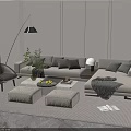 Modern Sofa and Coffee Table Set with Gray Cushions Ottoman Floor Lamp and Striped Rug