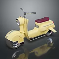 Vintage Yellow Scooter With Red Seat Metal Body And Reflective Surface On Gray Background