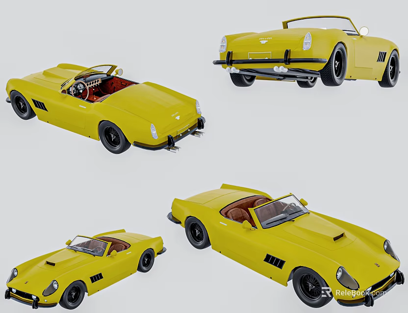 Yellow Classic Convertible Car With Red Interior Displayed From Multiple Angles 3d model 
