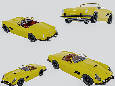Yellow Classic Convertible Car With Red Interior Displayed From Multiple Angles 3d model