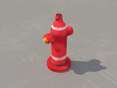 Red Fire Hydrant With White Stripes And Yellow Nozzle On Gray Ground 3d model