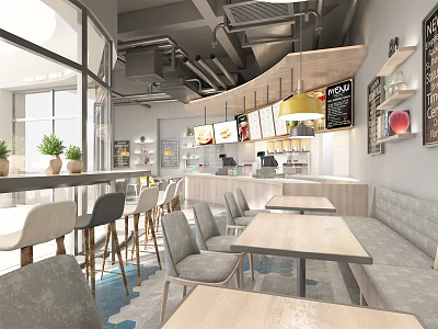 Mall Restaurant Shop Interior With Dining Tables Pendant Lights And Menu Boards 3d model