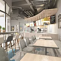 Mall Restaurant Shop Interior With Dining Tables Pendant Lights And Menu Boards