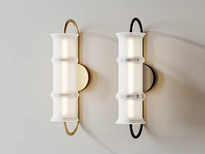 Two Wall Lamps With Gold And Black Frames White Cylindrical Shades Mounted On Light Wall 3d model