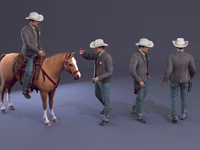 Man in White Cowboy Hat Dark Jacket Green Pants Riding Brown Horse from Multiple Angles 3d model