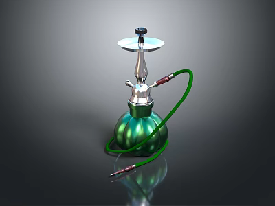 Stylish Green and Silver Hookah with Long Hose for Modern Living Spaces 3d model