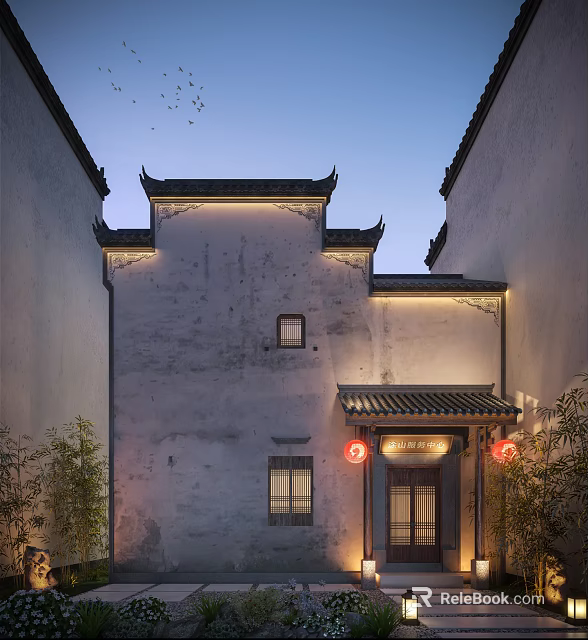 Traditional Chinese Storefront with Classic Eaves Red Lanterns and Wooden Door 3d model 