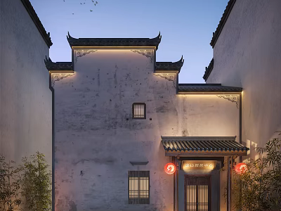 Traditional Chinese Storefront with Classic Eaves Red Lanterns and Wooden Door 3d model