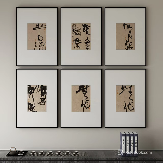 Six Framed Abstract Paintings Calligraphy Style Hanging on Light Colored Wall with Books Nearby 3d model 