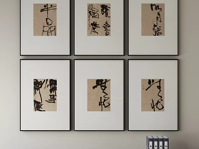 Six Framed Abstract Paintings Calligraphy Style Hanging on Light Colored Wall with Books Nearby 3d model