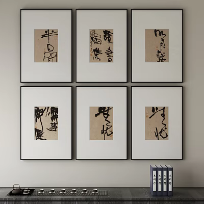 Six Framed Abstract Paintings Calligraphy Style Hanging on Light Colored Wall with Books Nearby 3d model