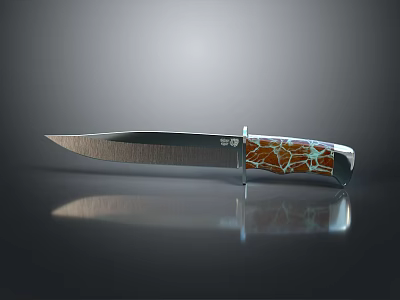 Sharp Metal Blade Knife With Decorative Brown And White Pattern Handle On Reflective Surface 3d model