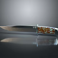 Sharp Metal Blade Knife With Decorative Brown And White Pattern Handle On Reflective Surface