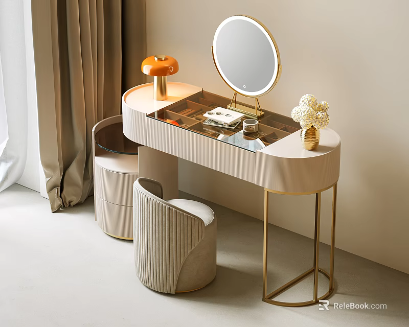 Modern Dressing Table With Golden Frame Round Mirror Orange Lamp And Beige Stools 3d model 
