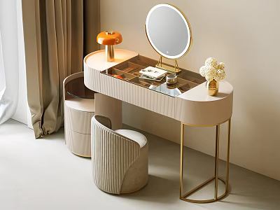 Modern Dressing Table With Golden Frame Round Mirror Orange Lamp And Beige Stools 3d model