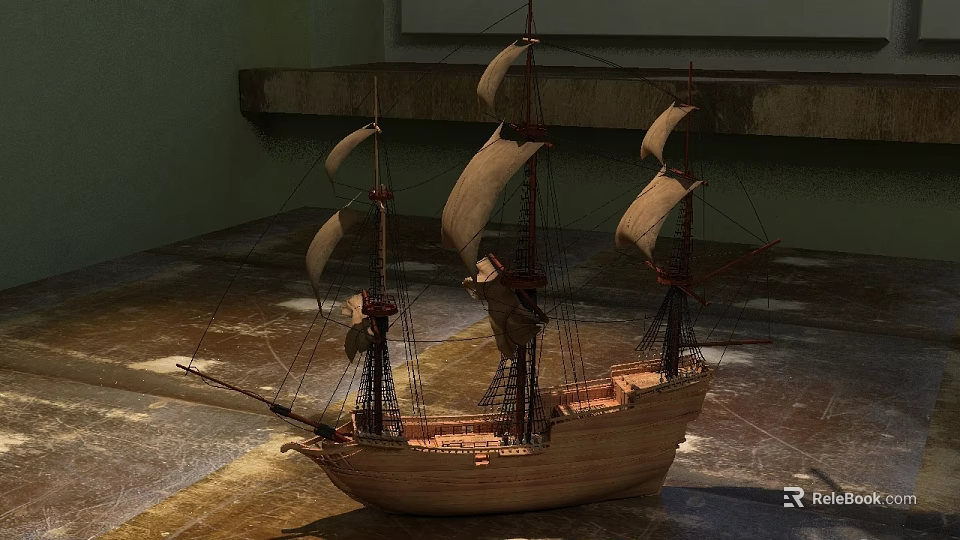 Wooden Sailboat Model With Multiple Sails And Detailed Hull On Indoor Floor 3d model 