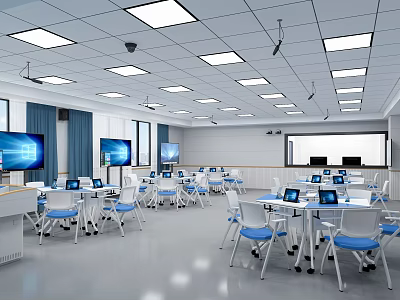 School Modern Classroom With White Desks Blue Chairs Laptops And Large Display Screens 3d model