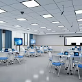 School Modern Classroom With White Desks Blue Chairs Laptops And Large Display Screens