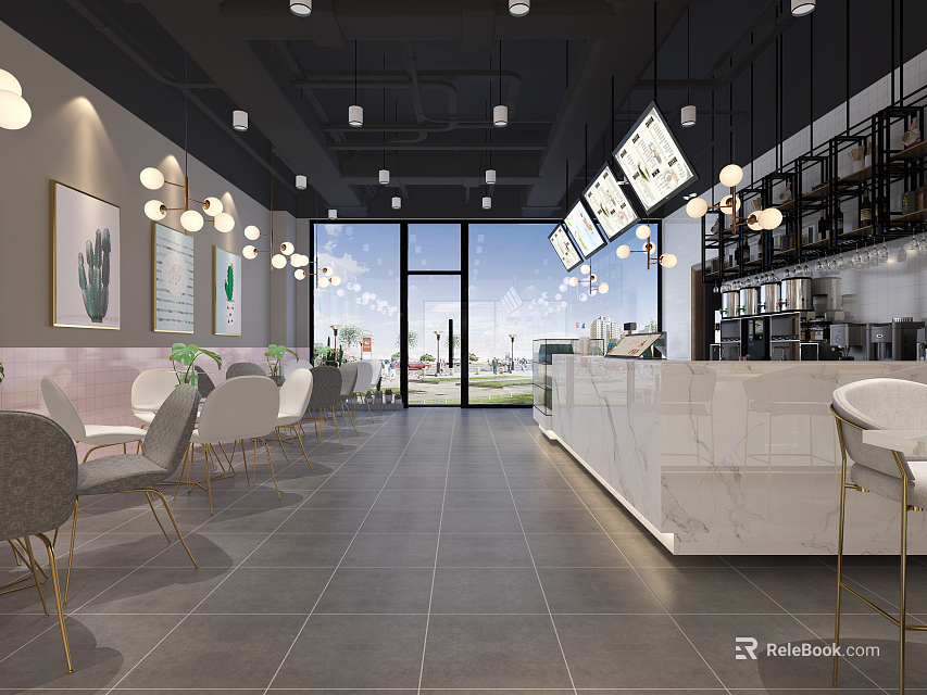 Modern Milk Tea Shop Interior With Open Counter Comfortable Seating Pendant Lights And Green Plants 3d model 