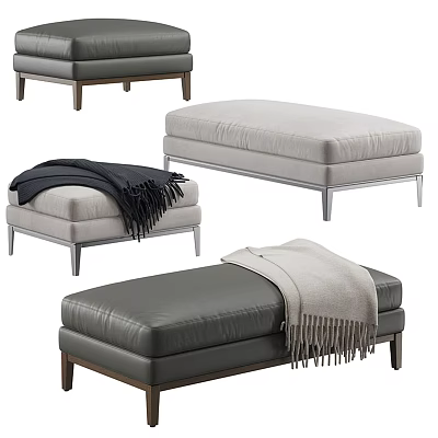 Modern Upholstered And Leather Ottomans In Gray Beige With Wooden Metal Legs And Throw Blanket 3d model