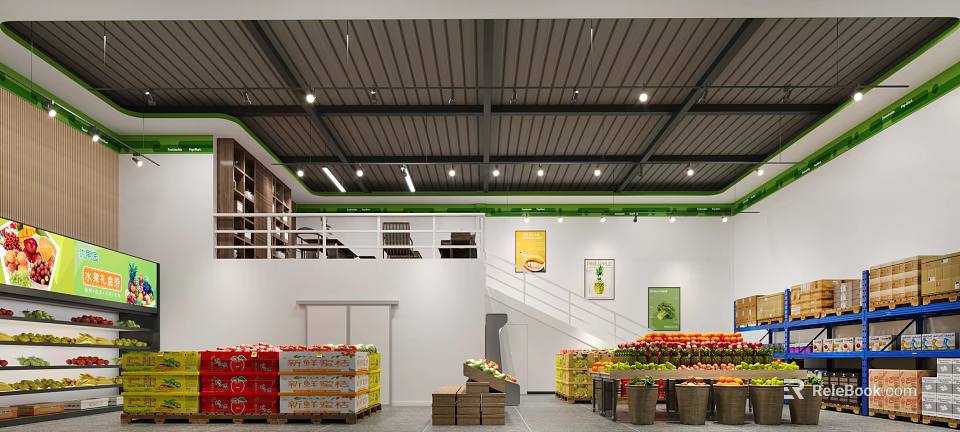 Modern Fruit Store Interior with Colorful Fresh Fruits Organized Shelves Bright Lighting and Decorative Posters 3d model 