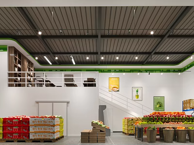 Modern Fruit Store Interior with Colorful Fresh Fruits Organized Shelves Bright Lighting and Decorative Posters 3d model