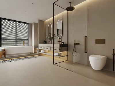 Modern Elegant Bathroom Interior with Open Shower Bathtub Double Vanity White Toilet and Gold Hardware 3d model