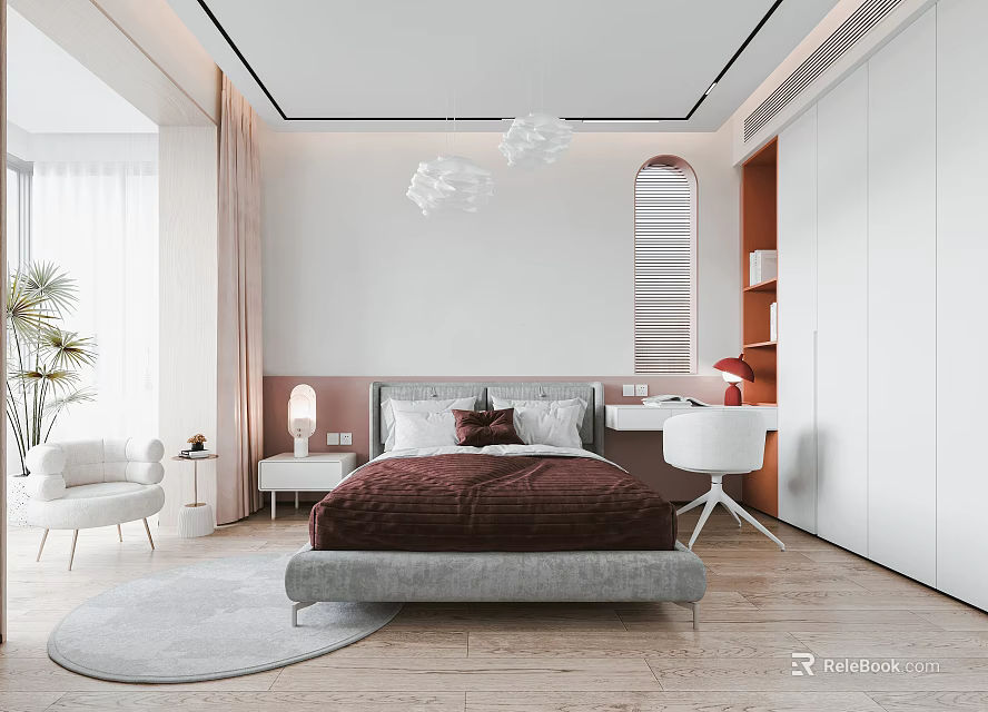 Modern Bedroom Interior Design With Gray Bed Frame Brown Bedding White Wardrobe And Round Rug 3d model 
