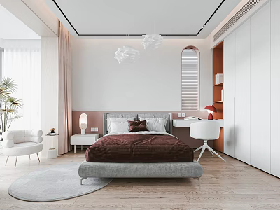 Modern Bedroom Interior Design With Gray Bed Frame Brown Bedding White Wardrobe And Round Rug 3d model