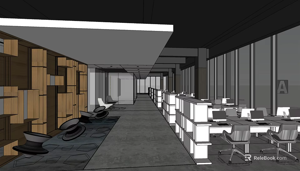 Modern Public Office Space Interior With Open Layout Office Desks Chairs And Windows 3d model