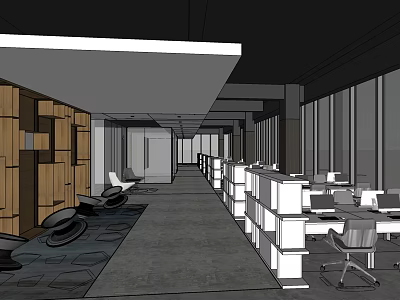 Modern Public Office Space Interior With Open Layout Office Desks Chairs And Windows 3d model