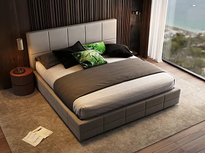 Gray Upholstered Double Bed With Colorful Pillows Round Nightstand And Sea View 3d model