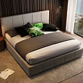 Gray Upholstered Double Bed With Colorful Pillows Round Nightstand And Sea View