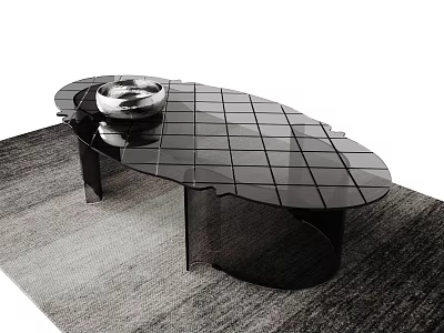 Modern Black Coffee Table With Grid Design Irregular Shape And Silver Decor On Gray Rug 3d model