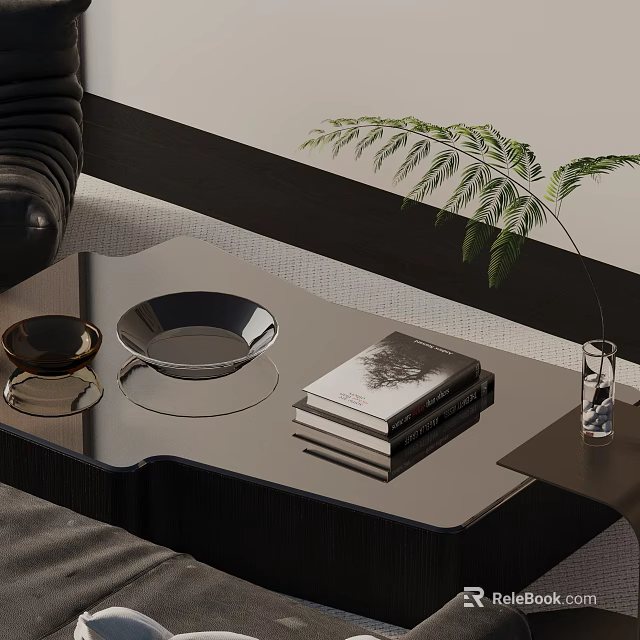 Modern Sofa and Coffee Table Set With Sleek Glass Top Decorative Bowls and Green Plant 3d model 