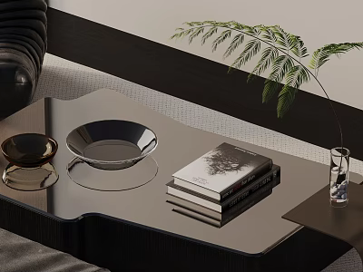 Modern Sofa and Coffee Table Set With Sleek Glass Top Decorative Bowls and Green Plant 3d model