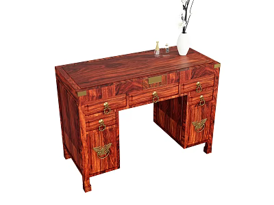 Classic Wooden Desk With Drawers Brass Hardware And White Vase Decor 3d model