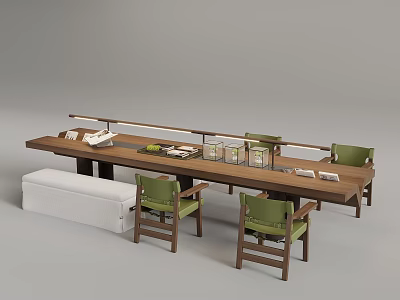 Wooden Dining Table Set With Green Chairs And White Bench For Home Interior 3d model